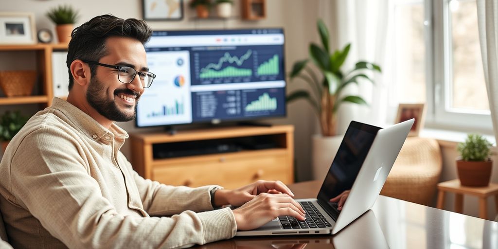 Person working on laptop with marketing charts