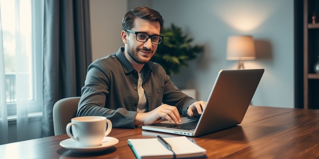 Person working on laptop with coffee and notebook