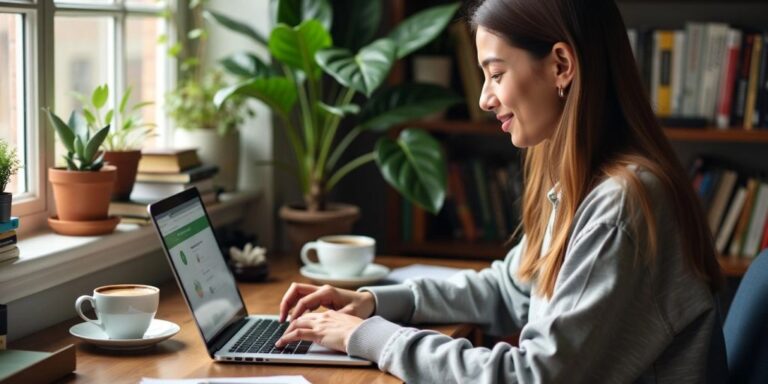 Person using laptop in a cozy home office.