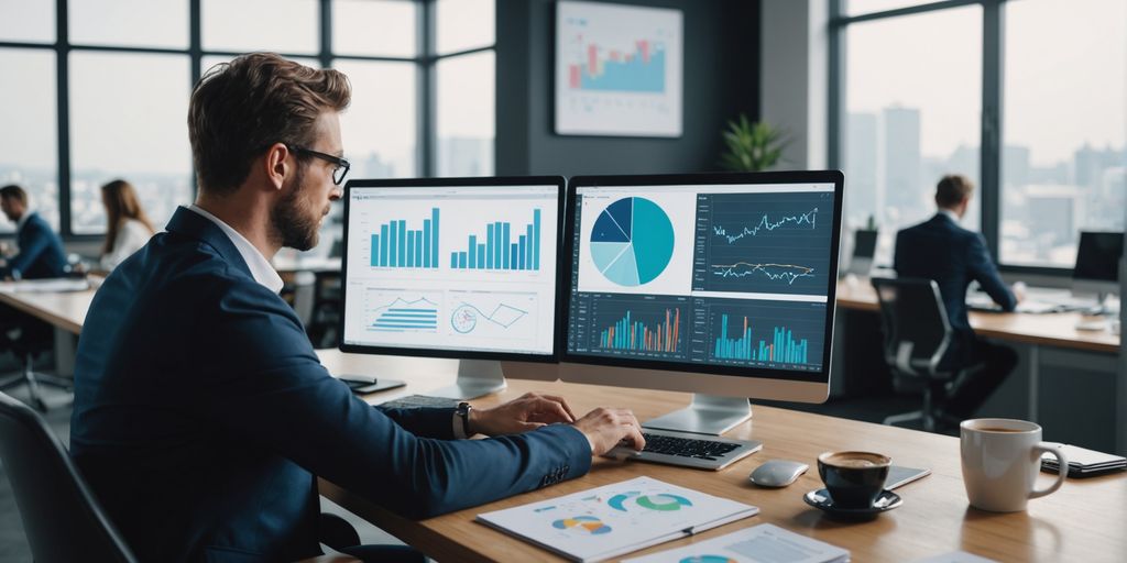 Marketer working on laptop with charts and graphs