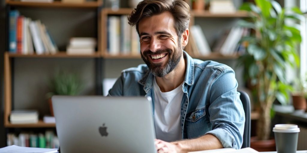 Man at desk with laptop and books