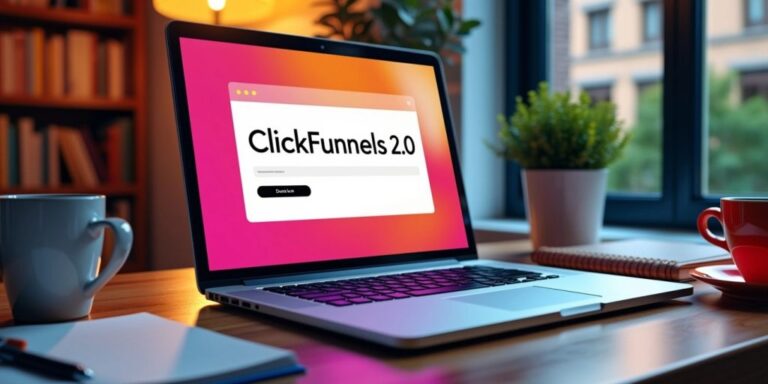 Laptop with ClickFunnels 2.0 on a stylish desk.