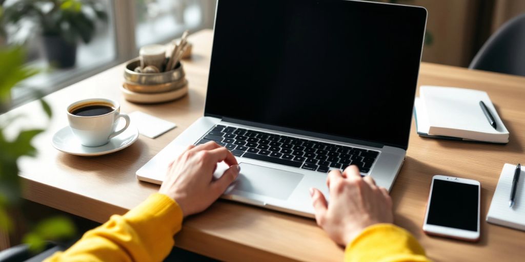 Laptop and coffee on a desk for affiliate marketing.