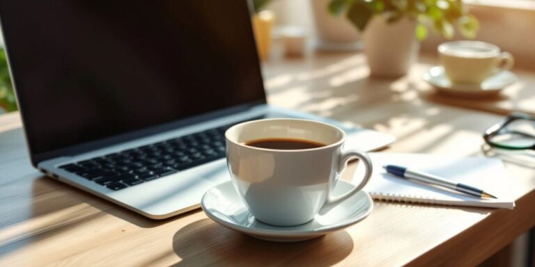 Workspace with laptop, coffee, and notepad for marketing.