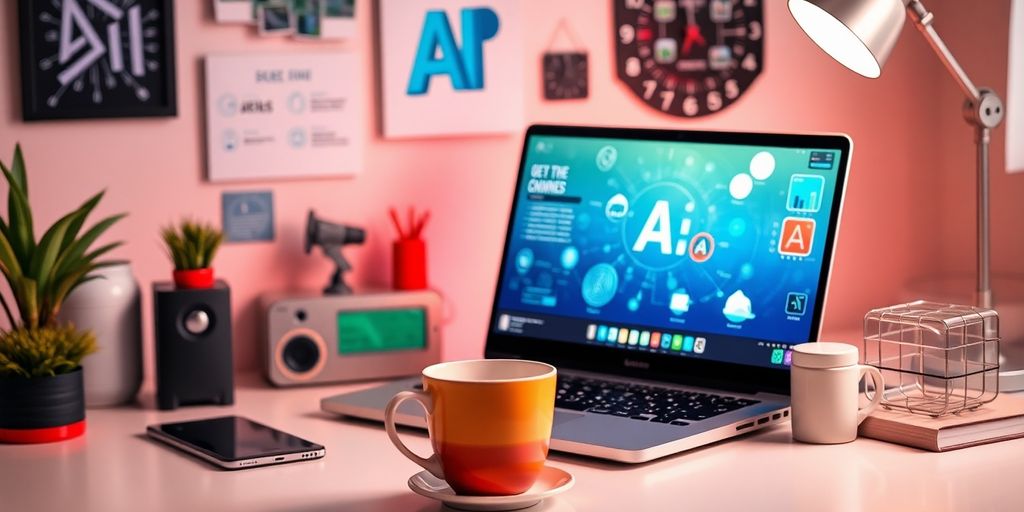 A workspace with a laptop and coffee cup.