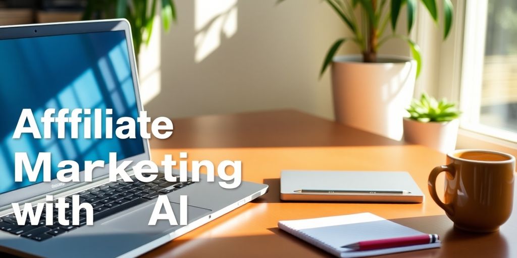 A workspace with a laptop and coffee cup. - how to do affiliate marketing with ai