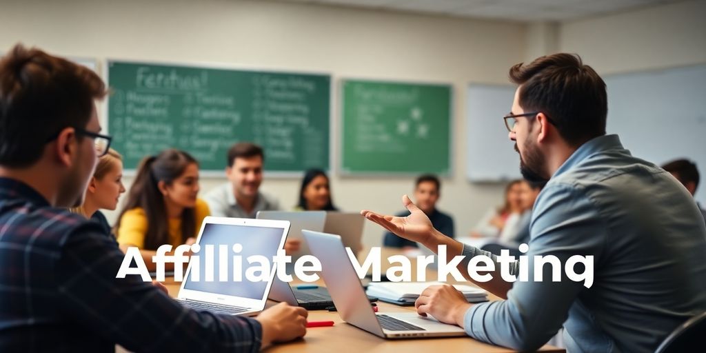 Students learning affiliate marketing in a lively classroom. $7 affiliate marketing course