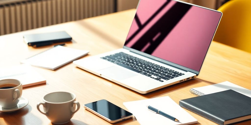 Laptop on desk with coffee and notepads.