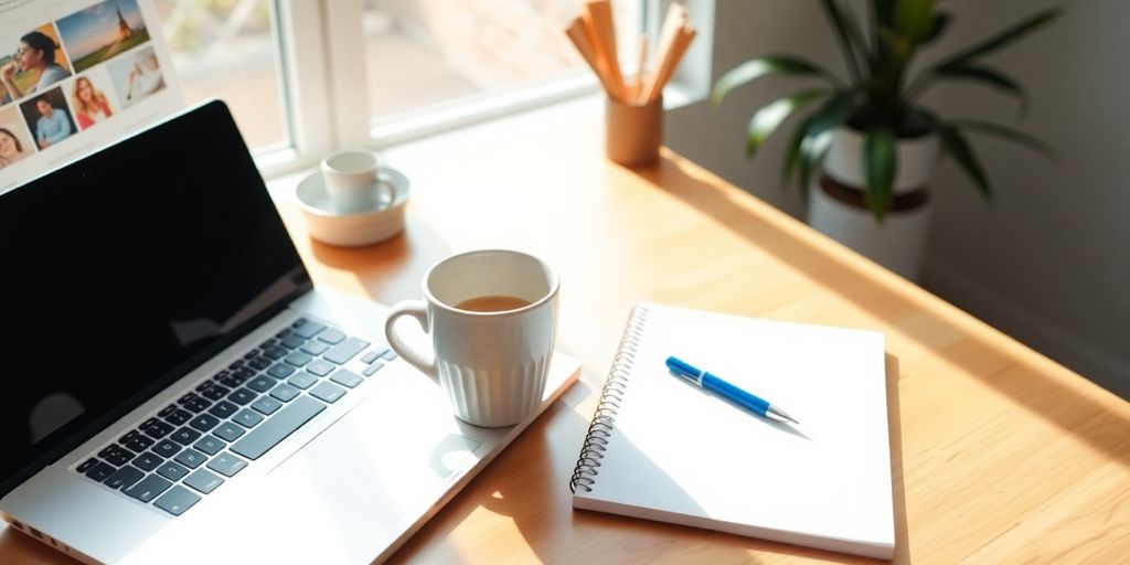 A bright workspace with a laptop and coffee cup.