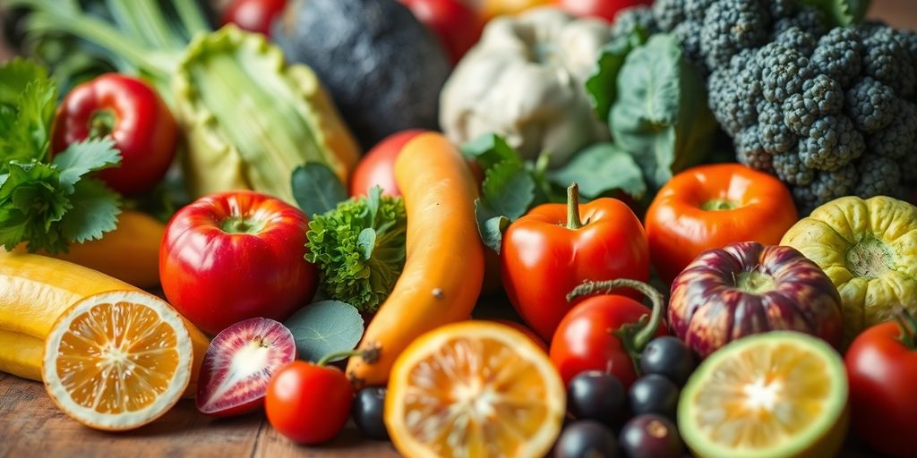 Fresh fruits and vegetables on a wooden table.