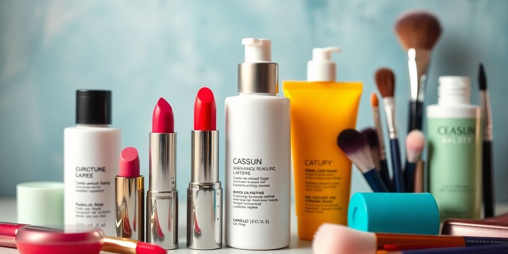 Colorful beauty products like lipsticks and skincare bottles.