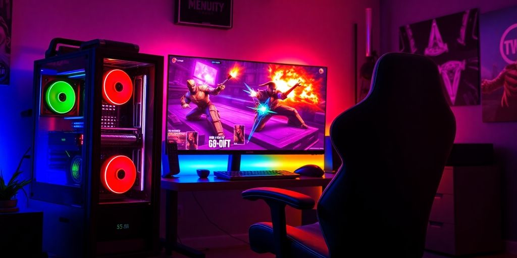 High-end gaming setup with colorful LED lights.