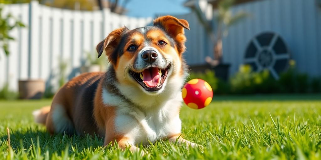 Happy dog playing with a colorful toy in the backyard.