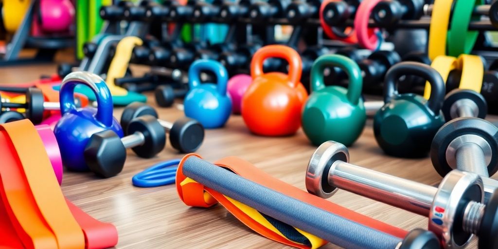 Colorful gym equipment on a fitness floor.