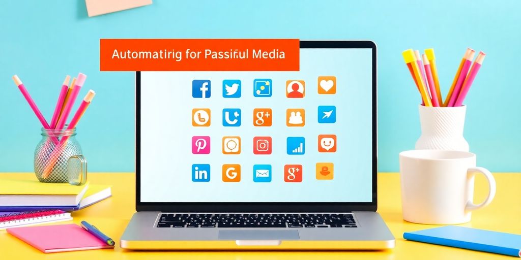 Laptop with social media icons and colorful stationery.