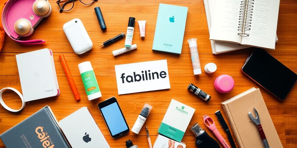 Flat lay of diverse affiliate products on a table.