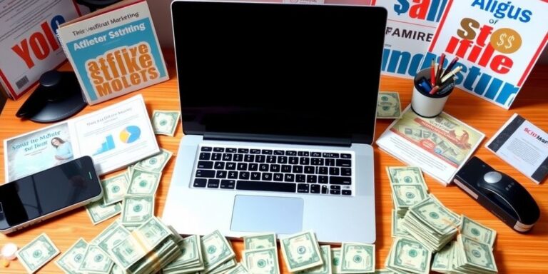 Laptop with money and marketing materials on desk.