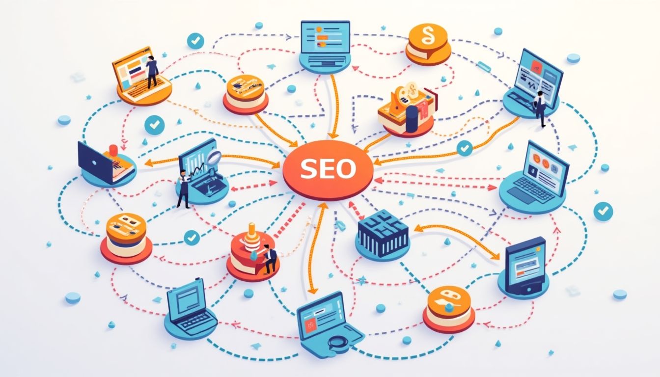 Illustration of a backlink building strategy for SEO.